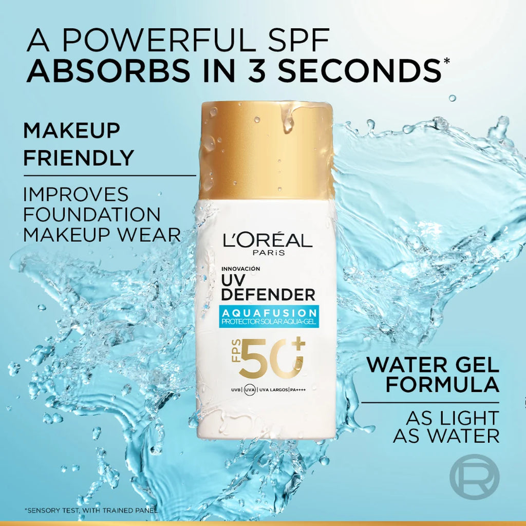 L’Oréal Paris, UV Defender, Aquafusion Daily Water Gel Sunscreen, SPF50+ PA++++, Defends from all UV aging signs, Absorbs in 3 Seconds, 50ml