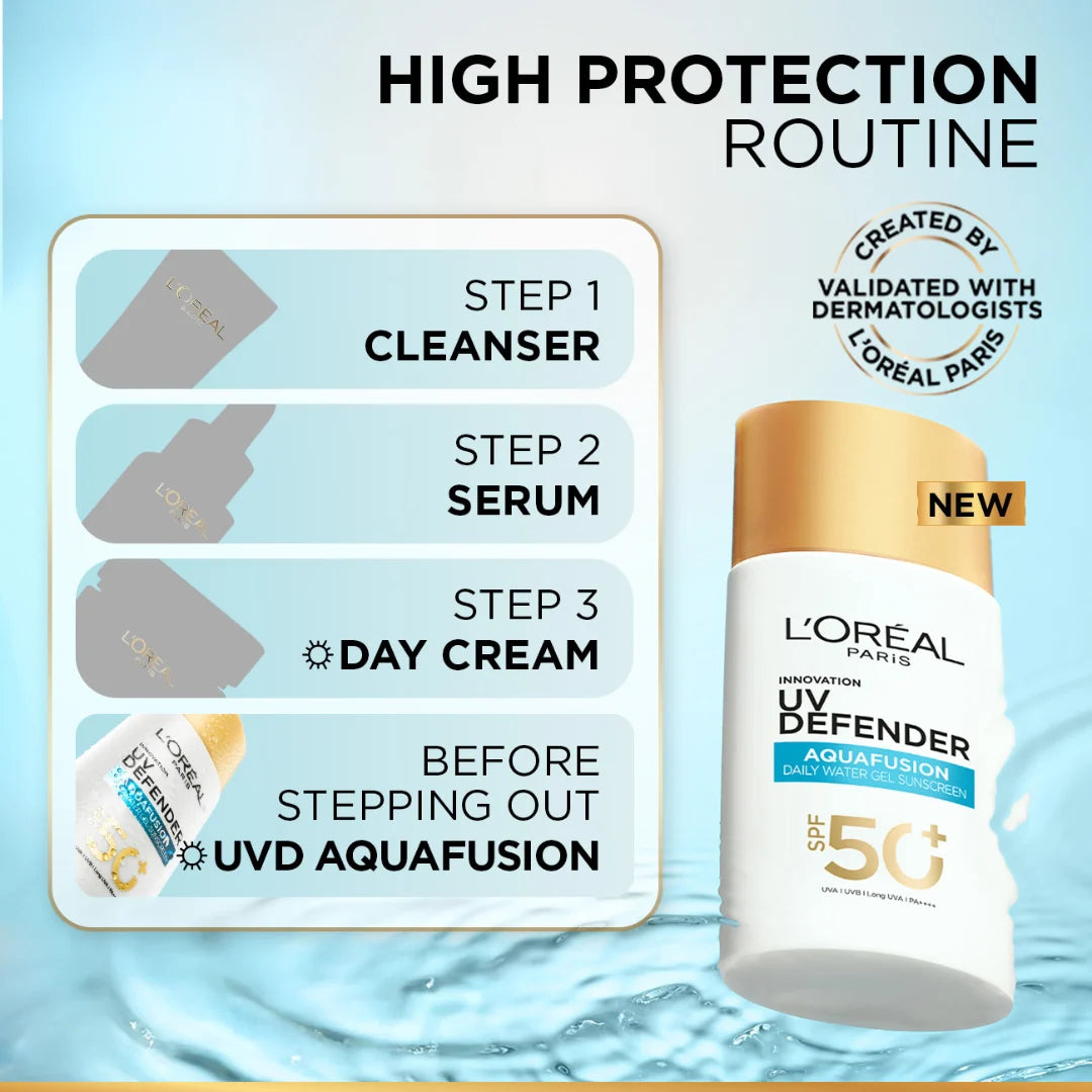 L’Oréal Paris, UV Defender, Aquafusion Daily Water Gel Sunscreen, SPF50+ PA++++, Defends from all UV aging signs, Absorbs in 3 Seconds, 50ml